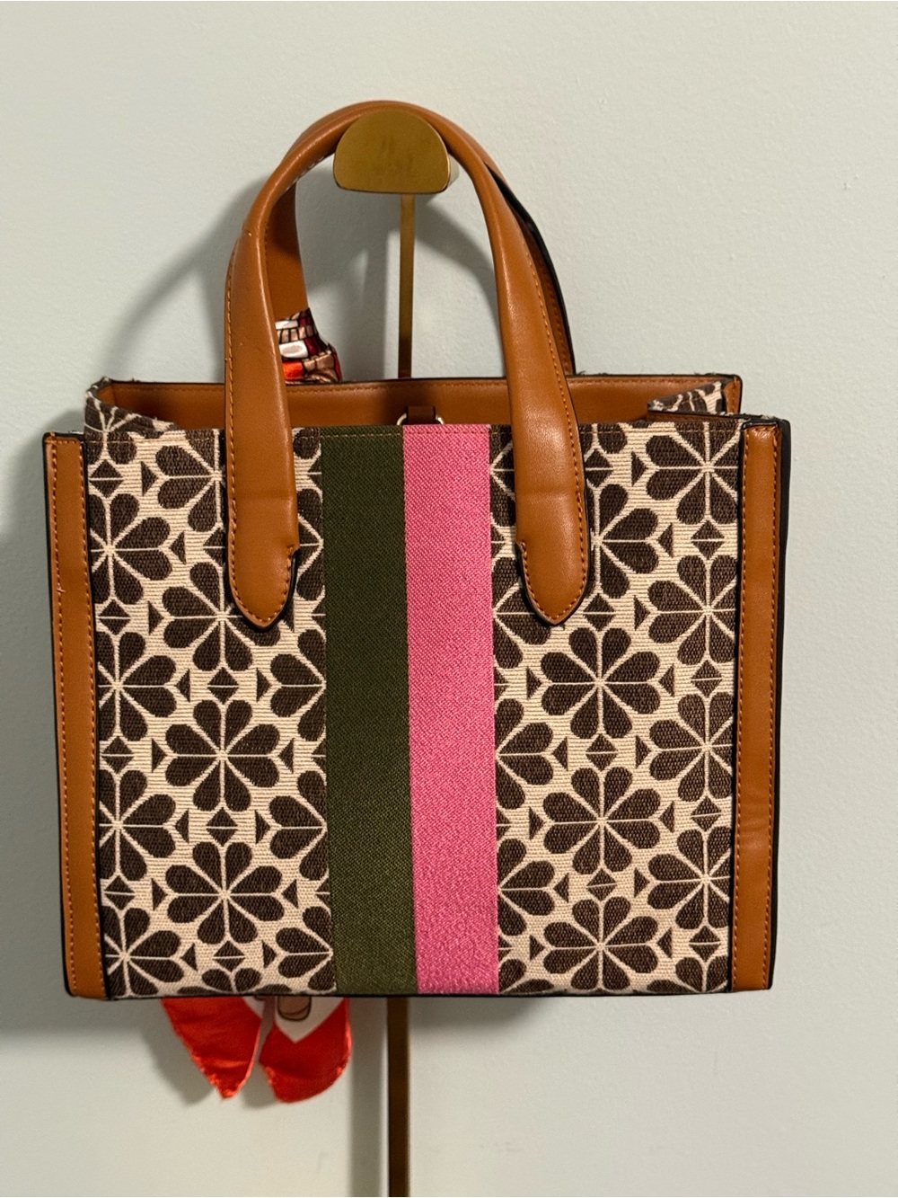 kate spade Brown Floral Canvas Tote with Pink & Olive Center Stripe and Tan Trim - Picture 6 of 14